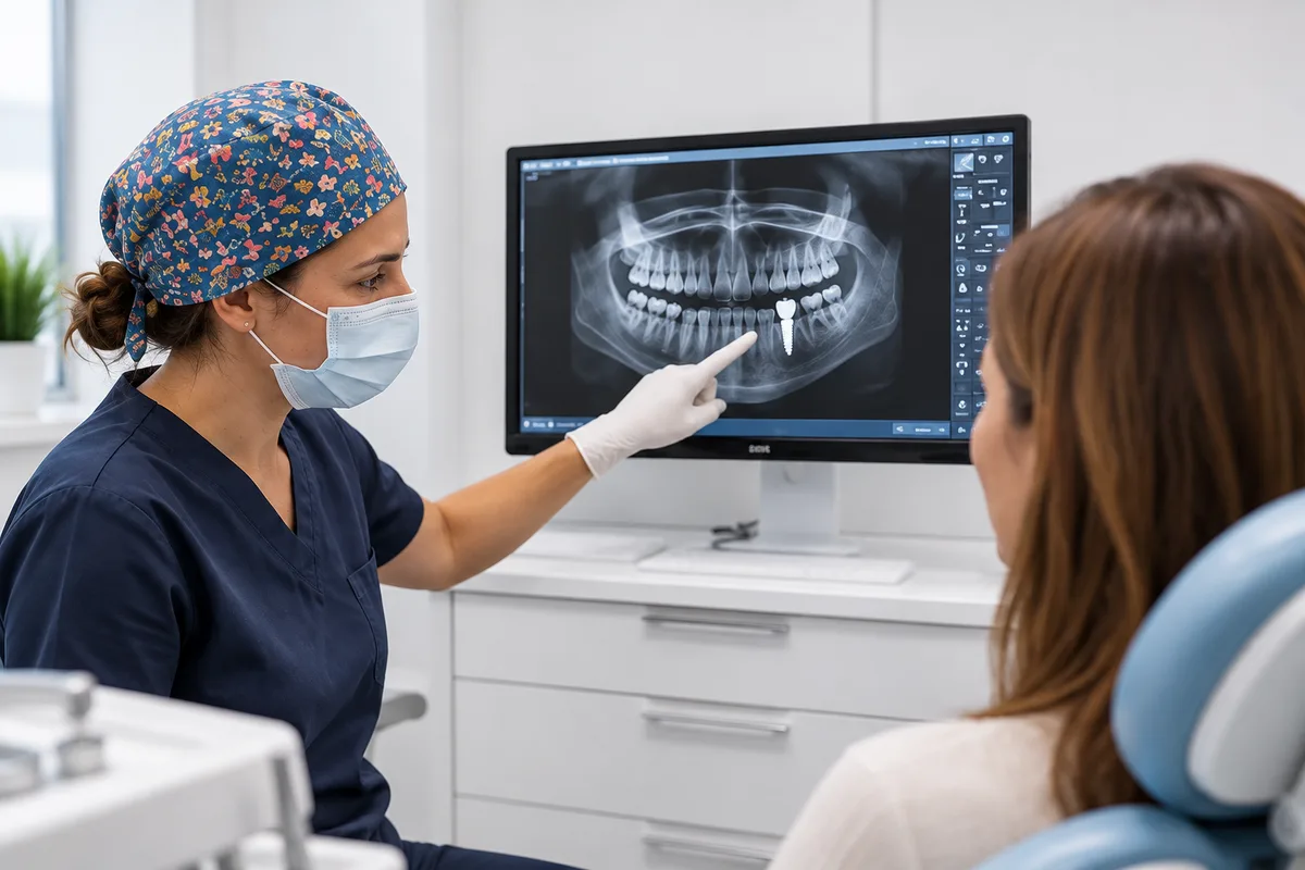 Odontóloga señalando una radiografía panorámica con un implante dental a una paciente en la consulta