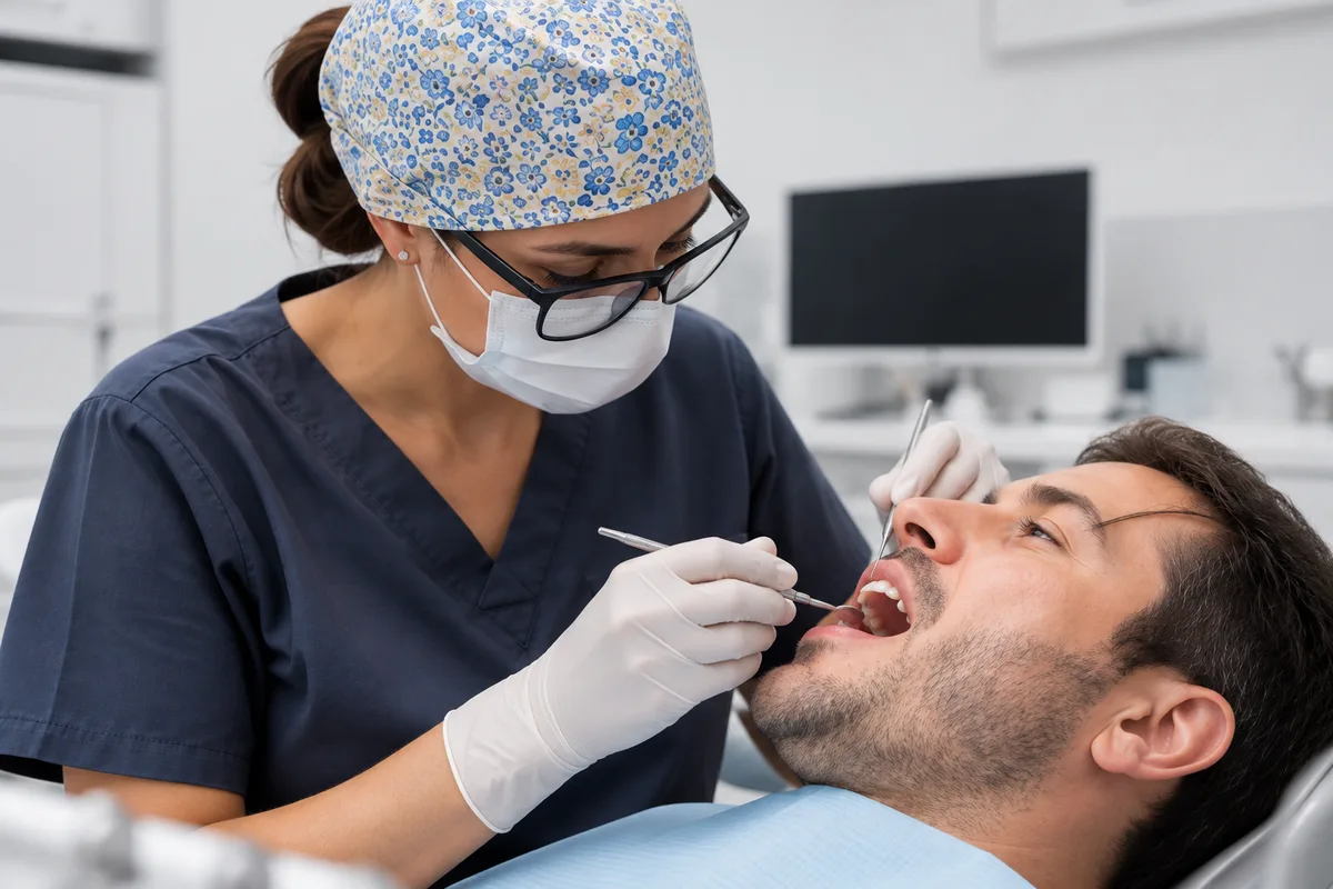 Odontóloga explorando la boca de un paciente para comprobar el estado de un implante dental